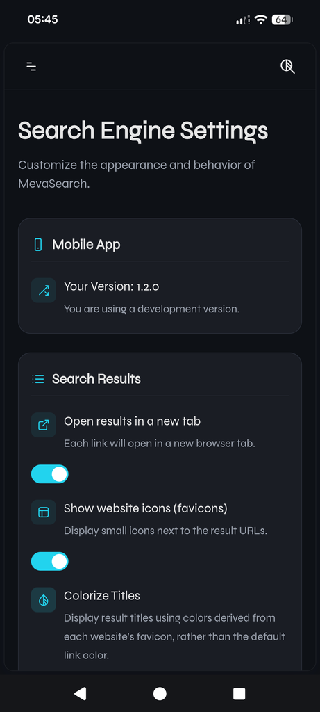 Settings panel